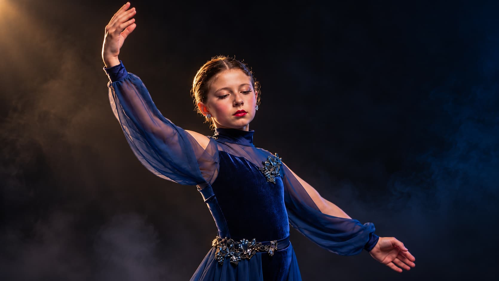 Cinematic dance portrait with dramatic warm and blue lighting