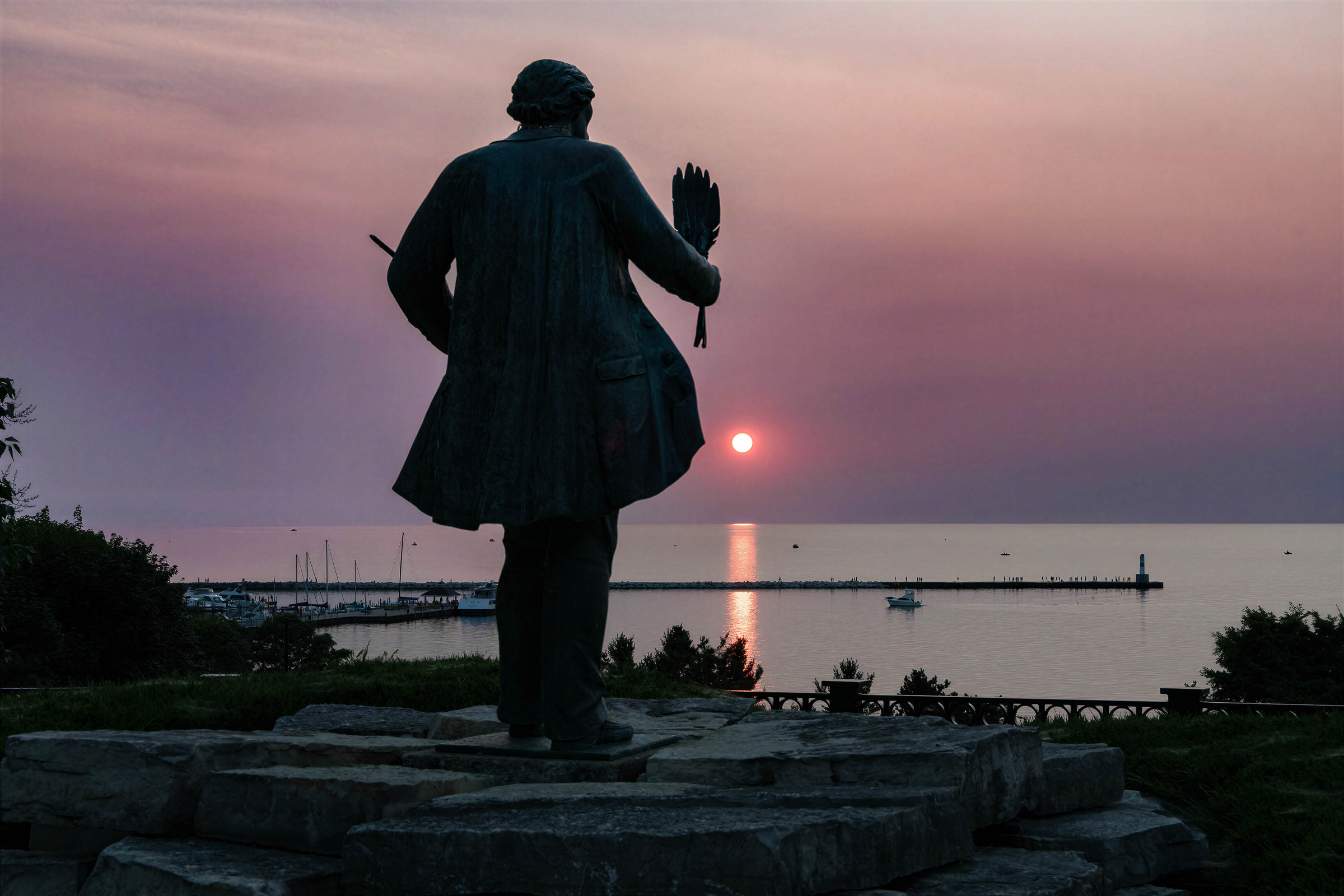 Chief Petoskey overlooking Little Traverse Bay and welcoming visitors to Petoskey