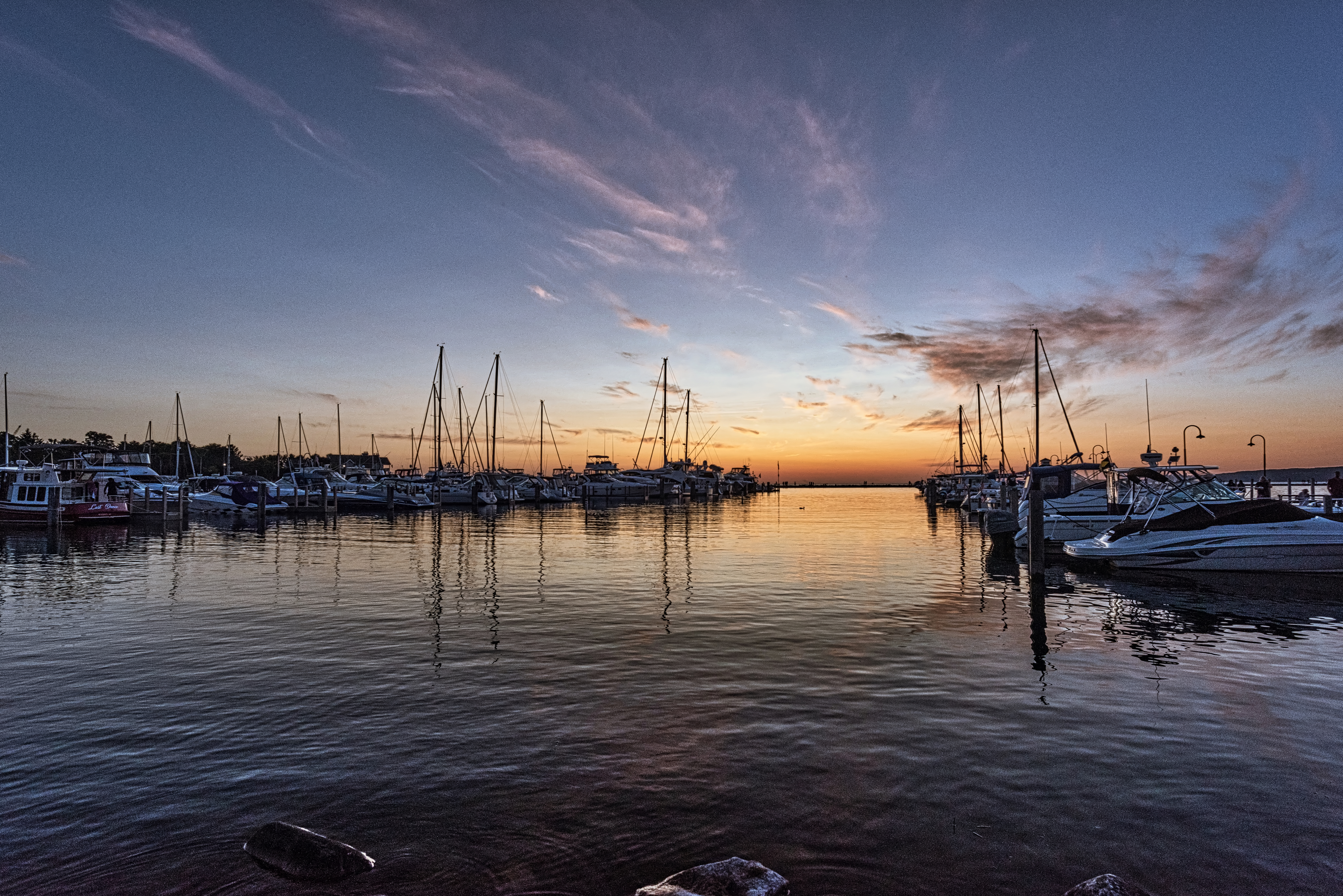 Northern Michigan harbor at sunset